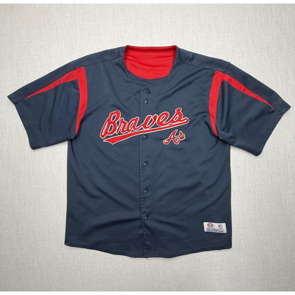 True Fan Atlanta Braves MLB Baseball Jersey Navy Blue Red Tomahawk Tomahawk Logo